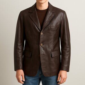 Vecchia Firenze Men’s EU 54 XL Genuine Leather Blazer Italian Jacket Brown